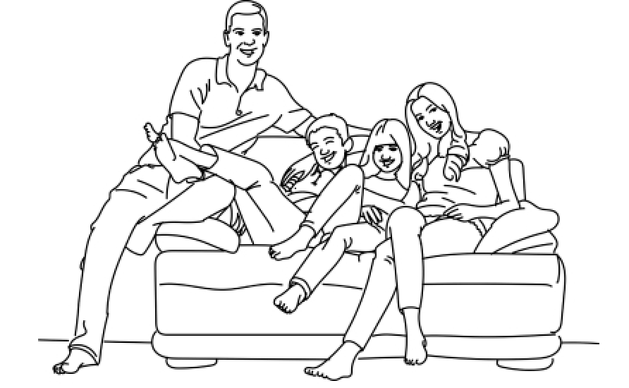 イラスト：ソファに座って笑っている家族